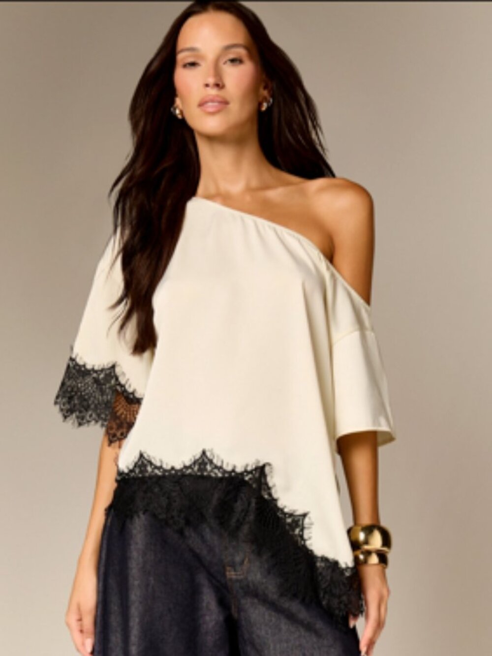 Satin Off-Shoulder Lace Trim Top- LG